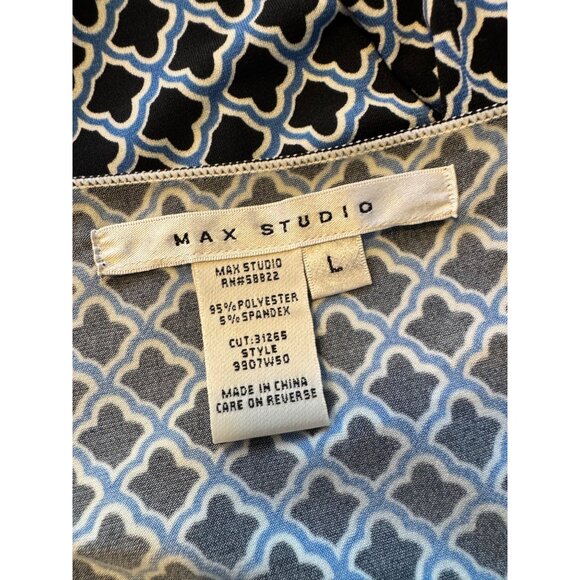 Max Studio Stretchy Mock Wrap Size Large Print Dress 3/4 Sleeve Blue Scoop Neck - Picture 4 of 8